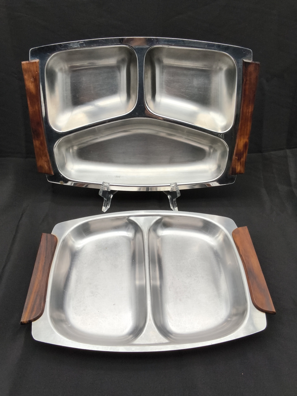 2 Divided Serving Tray Platters - Vintage MCM Stainless Steel, Hong Kong / Japan